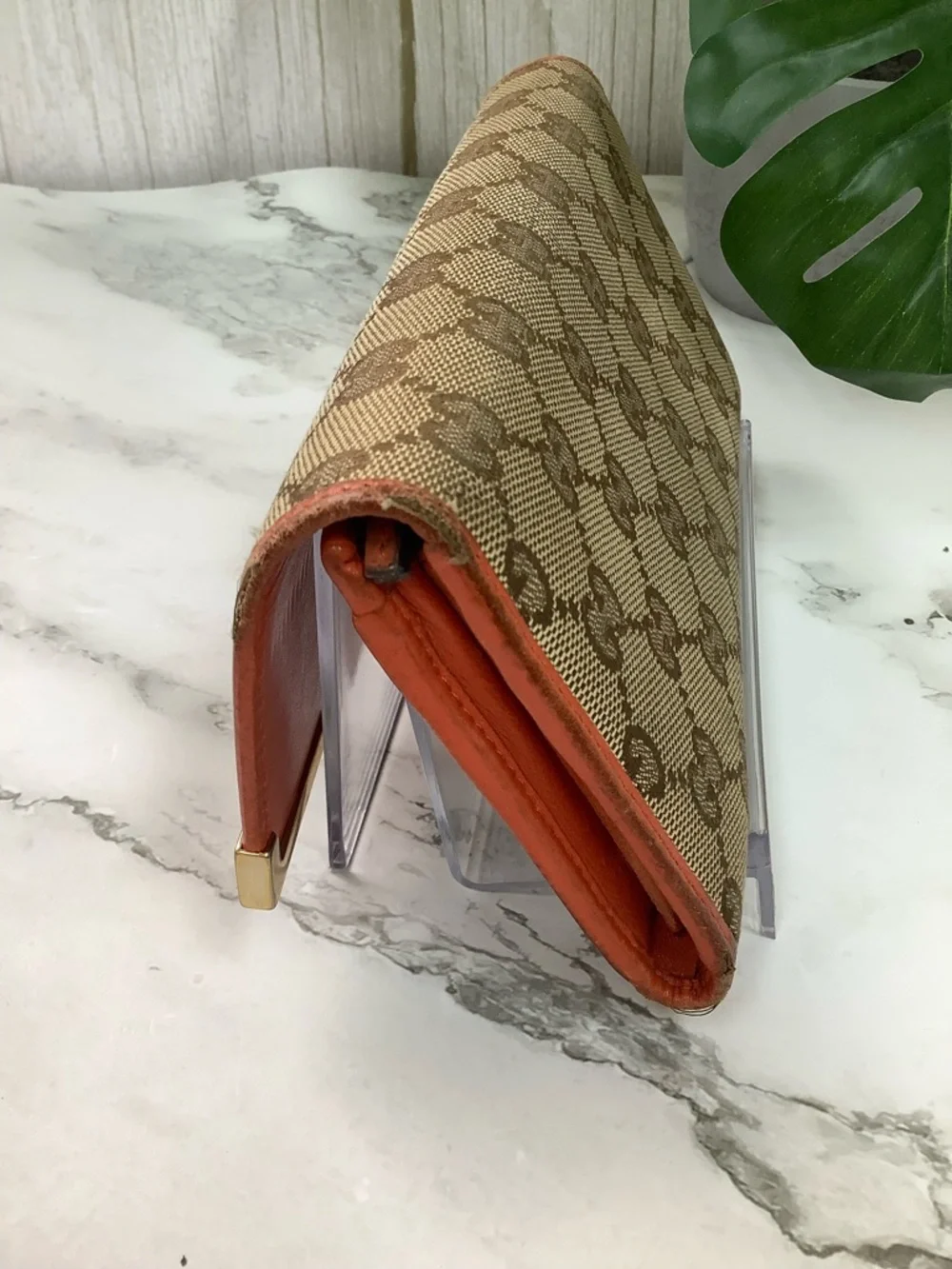GUC Gucci Brown GG Canvas Wallet with Orange Trim and Gold Plaque - Picture 4 of 15